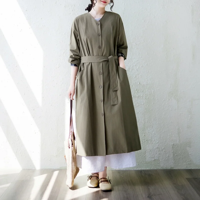 Korean Style Women's Long Coat Spring Autumn Draping High Height Cool Wind Pure Color Cotton Polyester Blend Long Sleeve roun...