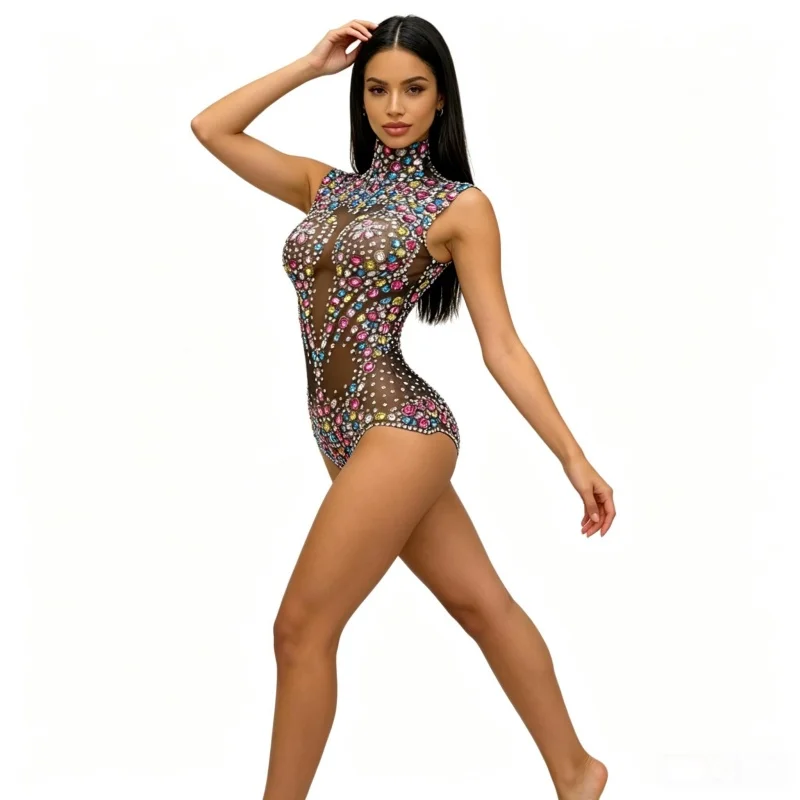 Women's Sparkly Colorful Rhinestones Bodysuit Sexy Mesh Transparent Performance Dance Costume for Singer Dancer Show Stage Wear
