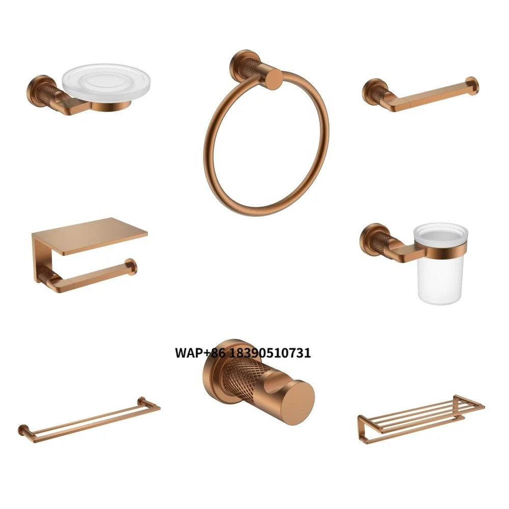 New Design Brushed Rose Gold Brass Bathroom Hardware Set Robe Hook Towel Rail Toilet Paper Holder
