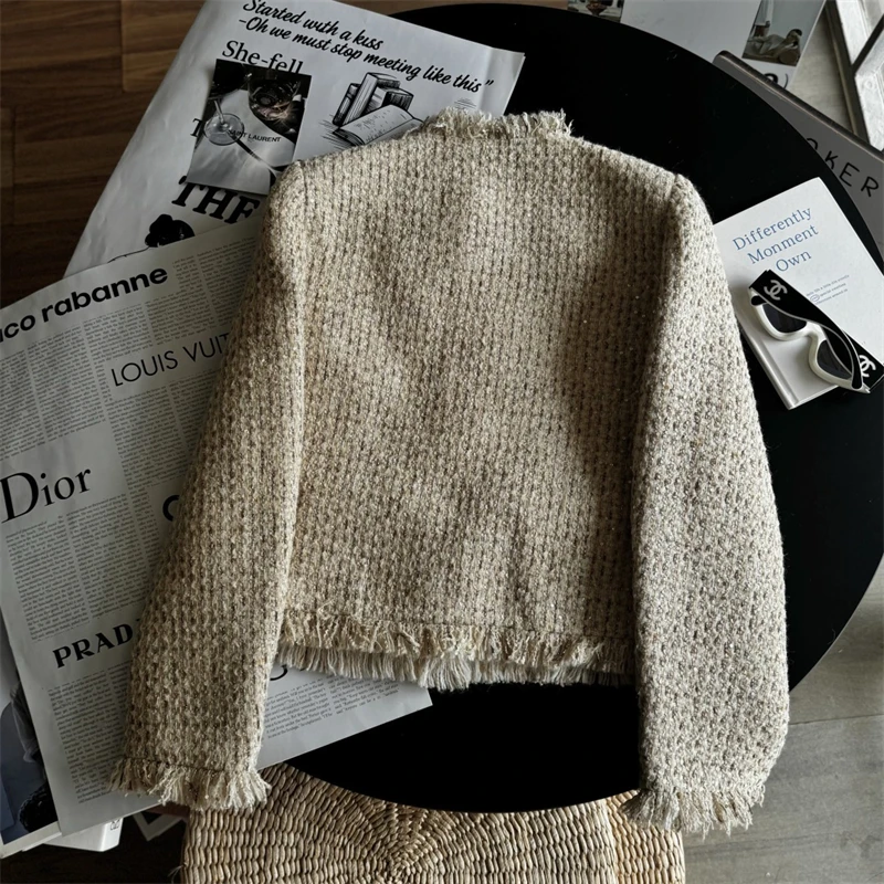 Women Y2K Sequin Tweed Jacket Beaded Fringe Knitwear Autumn Winter Slim Fit Cropped Short Coat Fashion Luxury Chic Outerwear