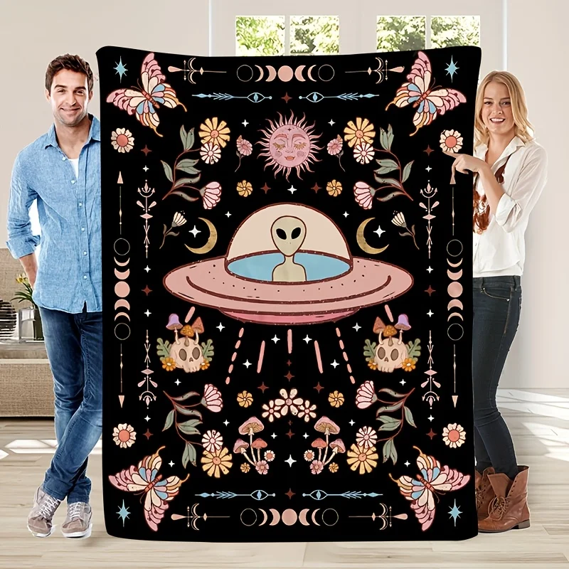 Boho Retro Alien Spaceship Sun Flower Butterfly Witchy Art Pattern Soft Blanket Fit Living Room Bed Travel Multi-scene Home