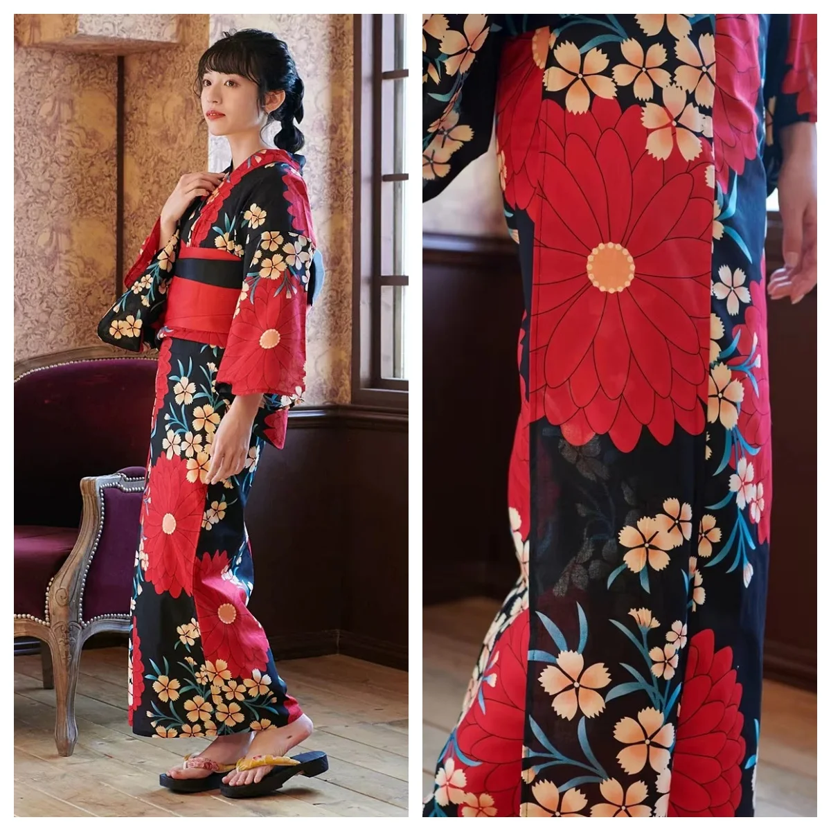 

Women’s Traditional Japanese Yukata – 100% Cotton Kimono for Travel, Retro Photography & Cosplay. Formal Style, 163cm Length.