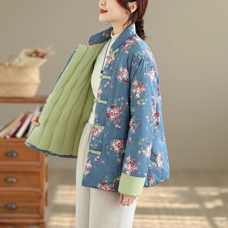 Thiened Warm Loose Large Size Cotton Jaet New Chinese Sle Floral Cotton Coat Autumn Winter New Arrival Faionable Commute