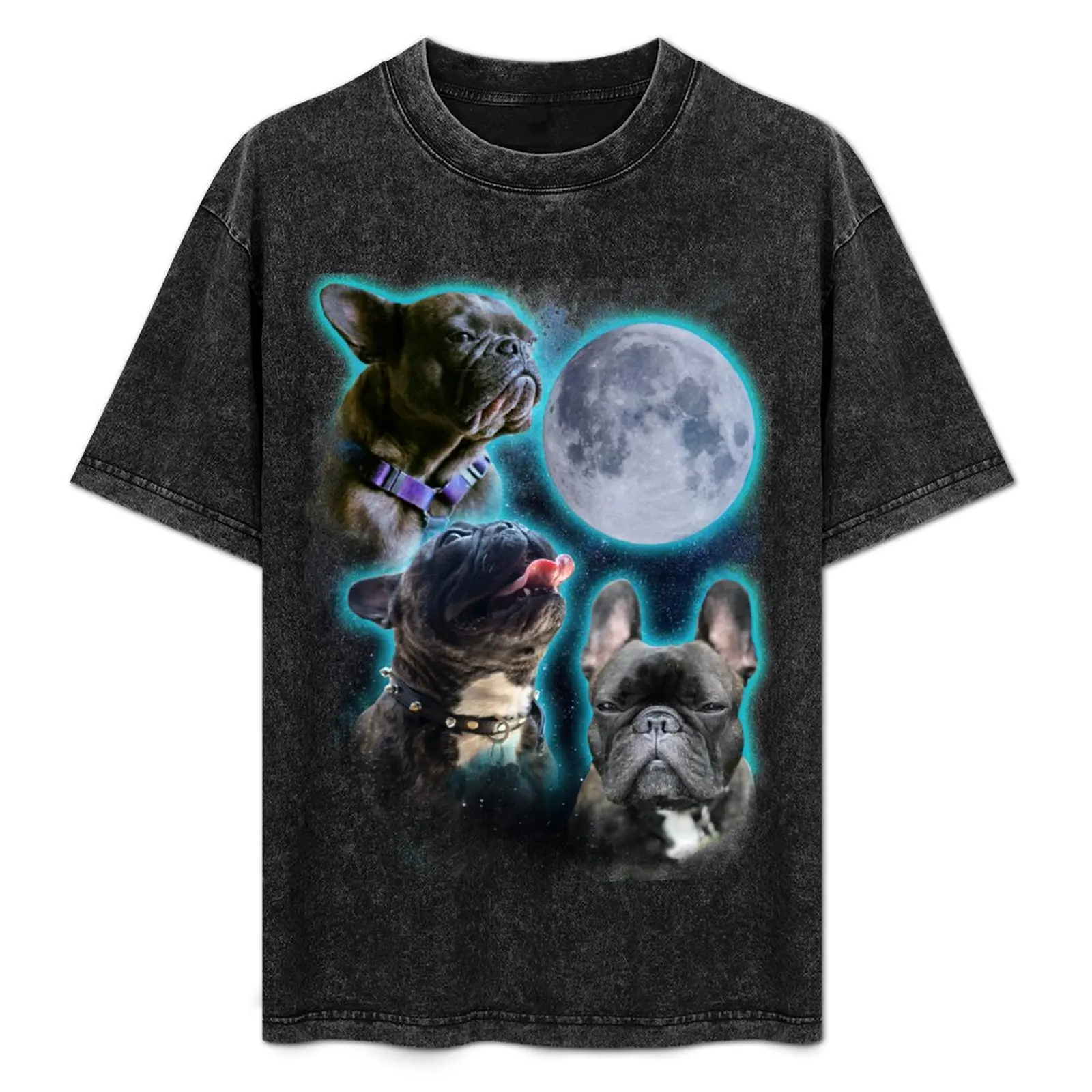 

Three Frenchies moon T-Shirt Work Basic Short Sleeve Top