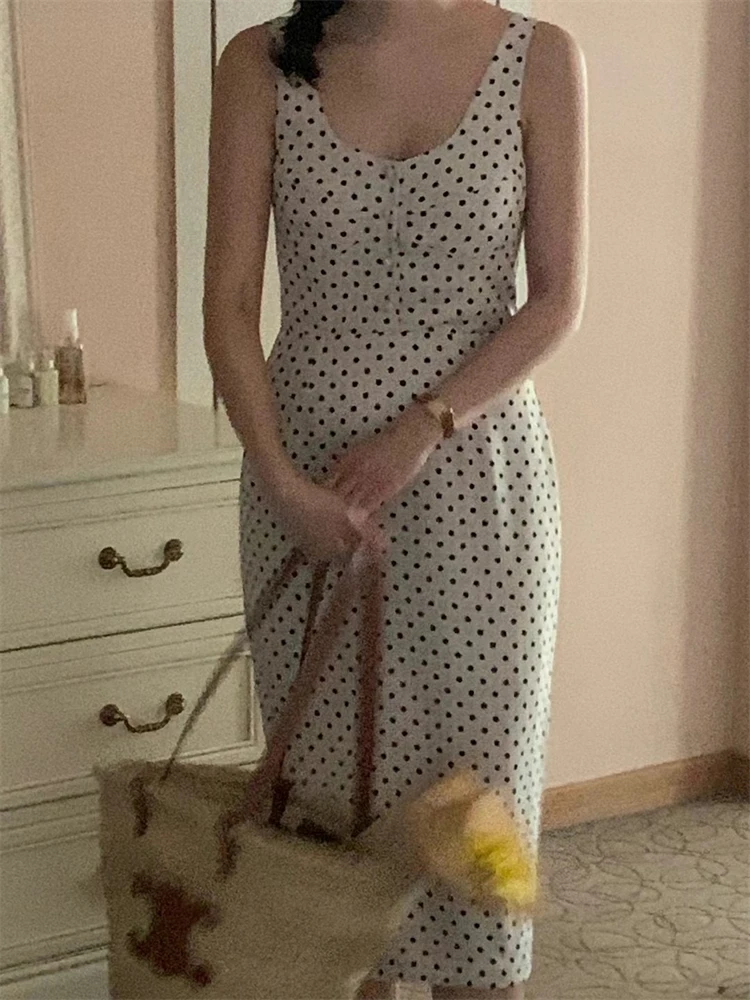 Vintage Long Tank Dress for Women Summer Sleeveless Polka Dot Slim Fit Sleeveless Sundress Female 2024 French Style