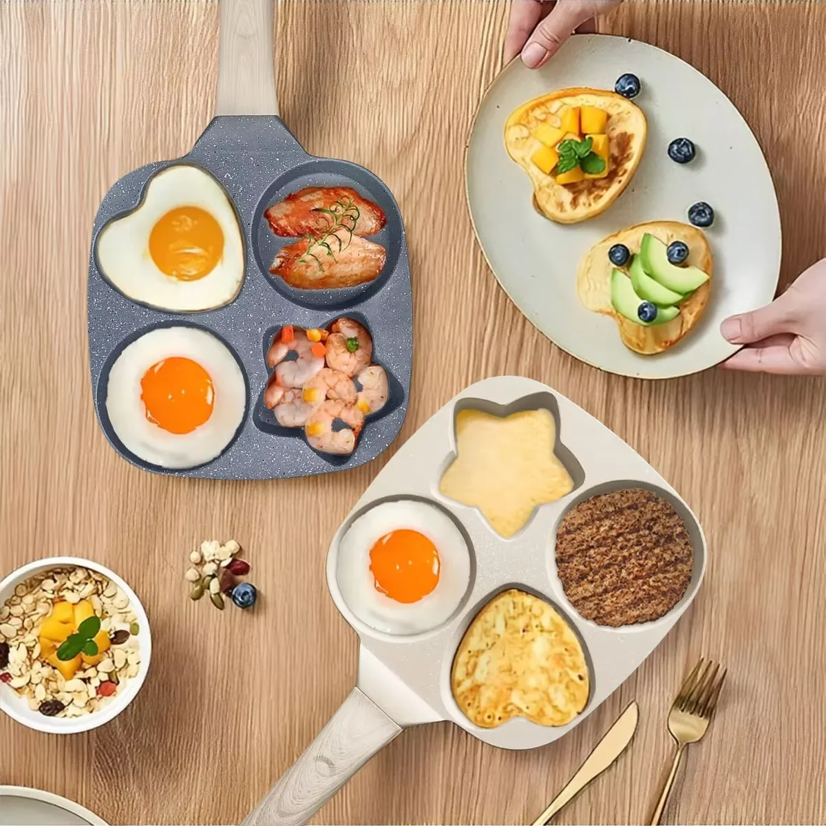 4 Holes Egg Frying Pan Thicken Steak Baking Burger Breakfast Maker Cookware Skilet Creative Heart Round Star Shape Kitchen Tools