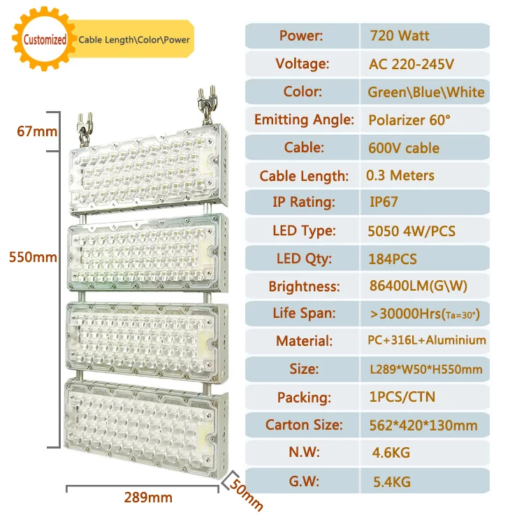 720W 220V Green White Blue Nightlight Fishing Led Fishing Light Squid Luring Lamp Overwater Fishing Lights