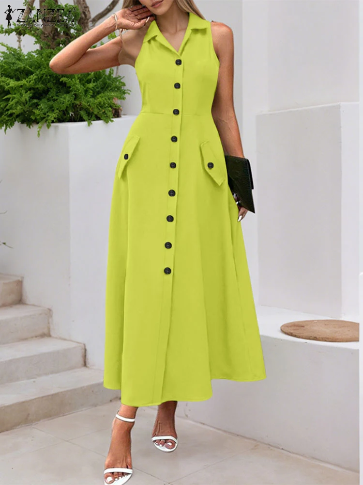 ZANZEA Women Sleeveless Dress Fashion Office Lady Sundress Summer Party Long Vestidos 2025 Bohemian Solid Casual Lapel Neck Robe