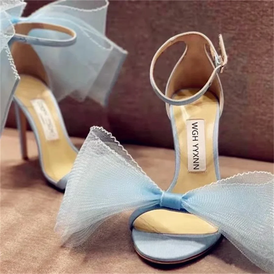 Blue Bow Banquet Thin High Heels Sandals for Women New Elegant Rose Red Sexy Irregular Blue Stripe Sandals Female Size 42