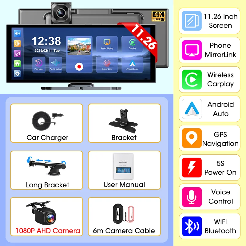 Develuck NIEUWE 11.26 inch 4K DVR Draadloze CarPlay en Android Auto Draagbare Dash Cam Auto Scherm Video Recorder 5G WIFI Navigatie