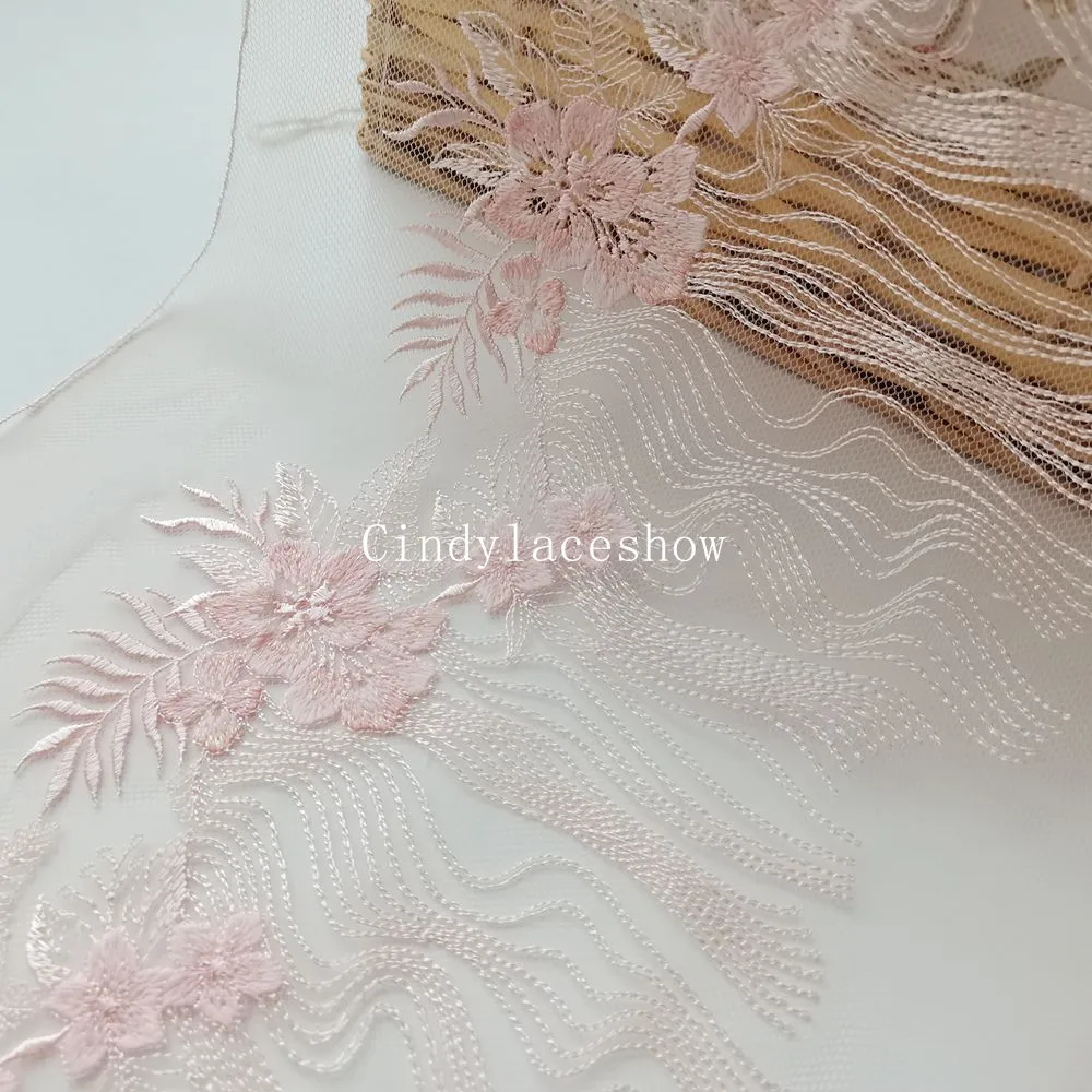 1Meter 24CM Width Shinning Thread Pink Orange Embroidered Lace Trimmings For Sewing Wedding Bridal Dress Handmade Bra Lingerie