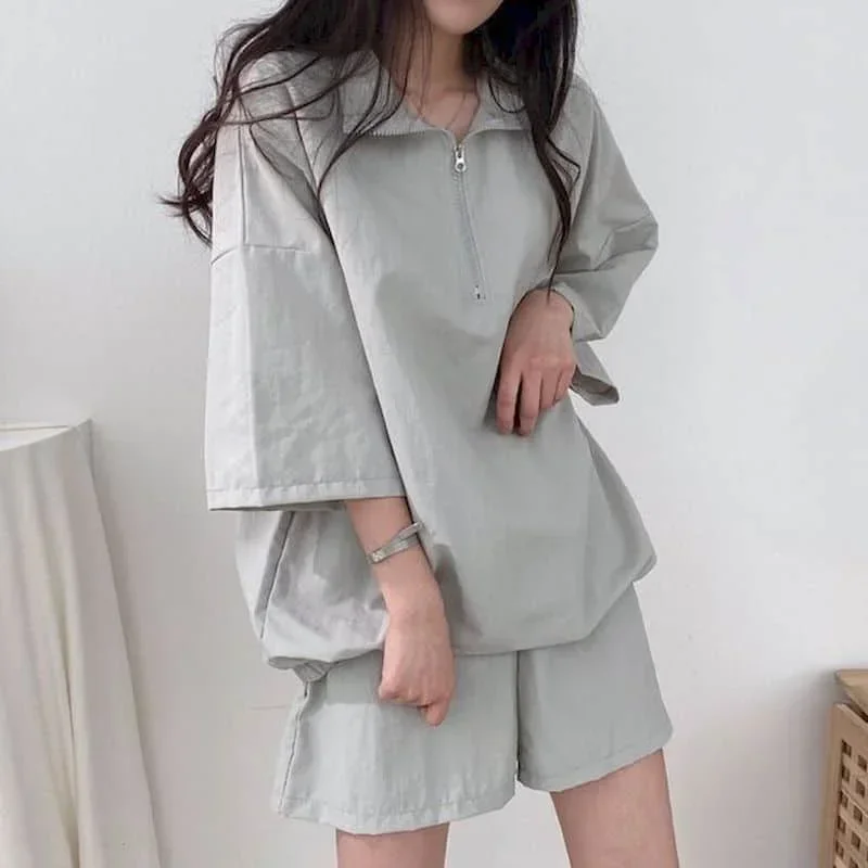 

Pop Sporty Shorts Set Loose High Street Half Sleeve Stand Collar Coats And Elastic Waist Pants Two Piece Sets Casual Women Cloth