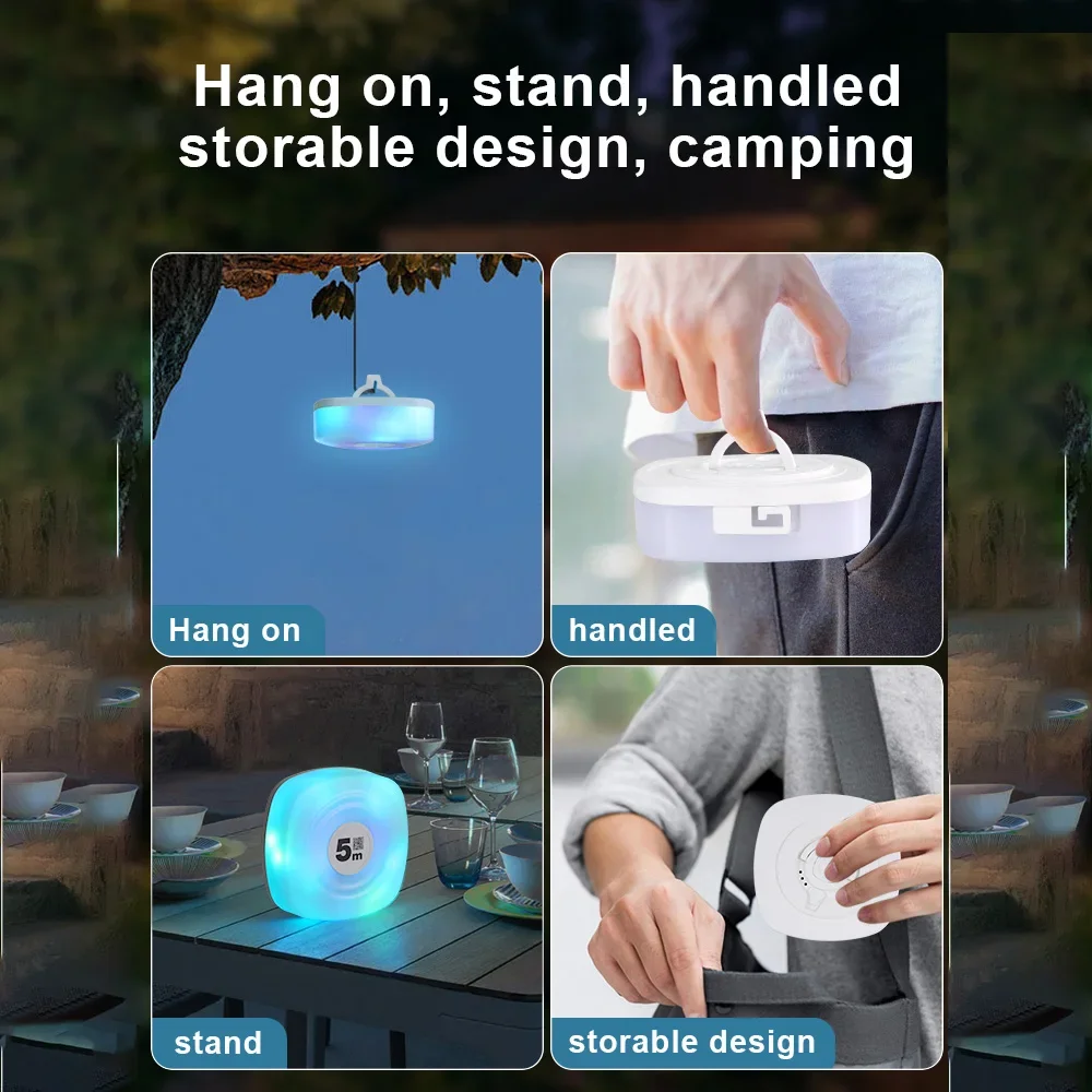 5M RGB Camping String Lights, IP65 Waterproof APP Control 16 Colors 1800mAh Rechargeable Portable LED Strip for Outdoor Party