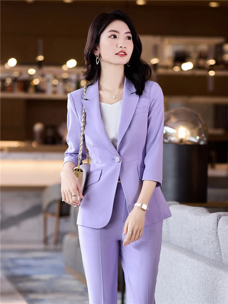 Women\'s Office Suit Fashion Blazer Pantsuit Simple Solid Color 2024 Spring Summer Half Sleeve Top + Trousers 2 Piece Set Blazer