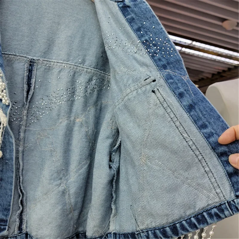 

Heavy Work Beading Tassel Denim Jacket Women Spring Dark Blue Loose Short Outerwear Big Pocket Long Sleeve Jeans Jacket Female
