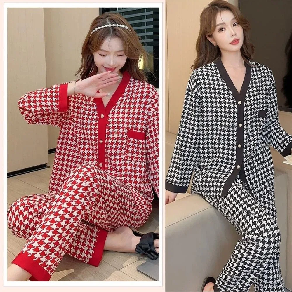 

Soft V-neck Grid Pajamas Women Casual Loose Leopard Sleepwear Set Homewear Spring Autumn Long Sleeves Pajamas Girl