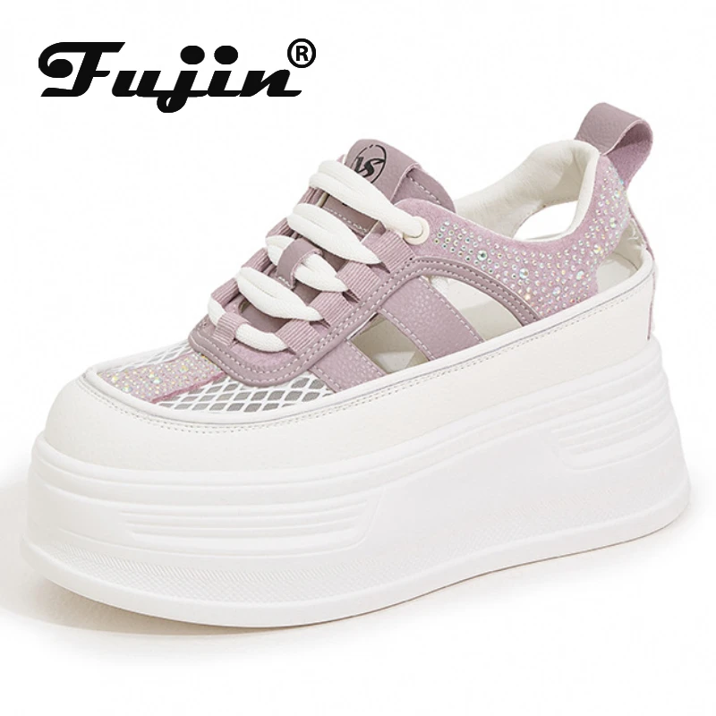 

Fujin 8cm Air Mesh Synthetic Microfiber Leather Breathable Hollow Summer Ethnic Chunky Sneaker Platform Wedge Women Shoes Bling