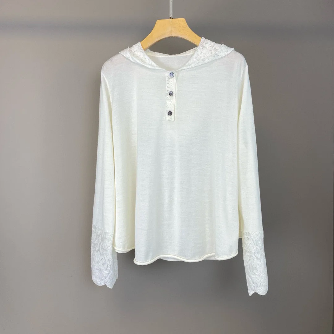 

25 Early Autumn New Silk Wool Lace Crochet Hooded Long Sleeve Knitted All-Match Casual Top