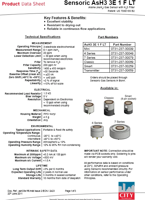 AsH3 3E 1 F LT, AsH3 3E 1 LT UK CITY Arsenic Trihydride Sensor