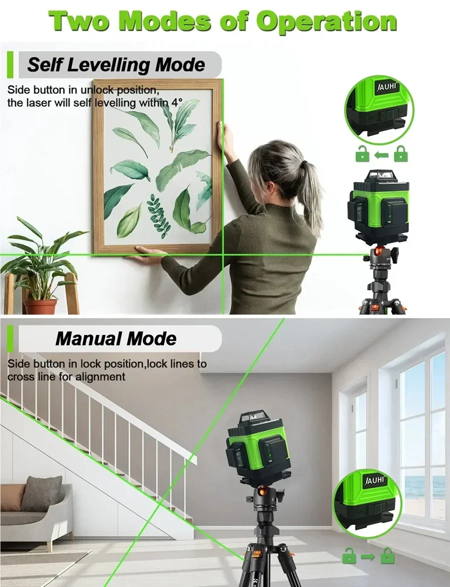 JAUHI 4D 16 Lines Laser Level green line Self-leveling 360 Horizontal And Vertical Super Powerful green Beam Laser Level