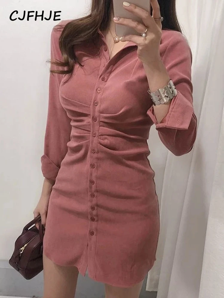 Mini Slim High Waist Solid Vestido Mujer Shirts Slim OL Retro All-match Temperament Pink Lapel Single Breasted Wrap Hip Dress