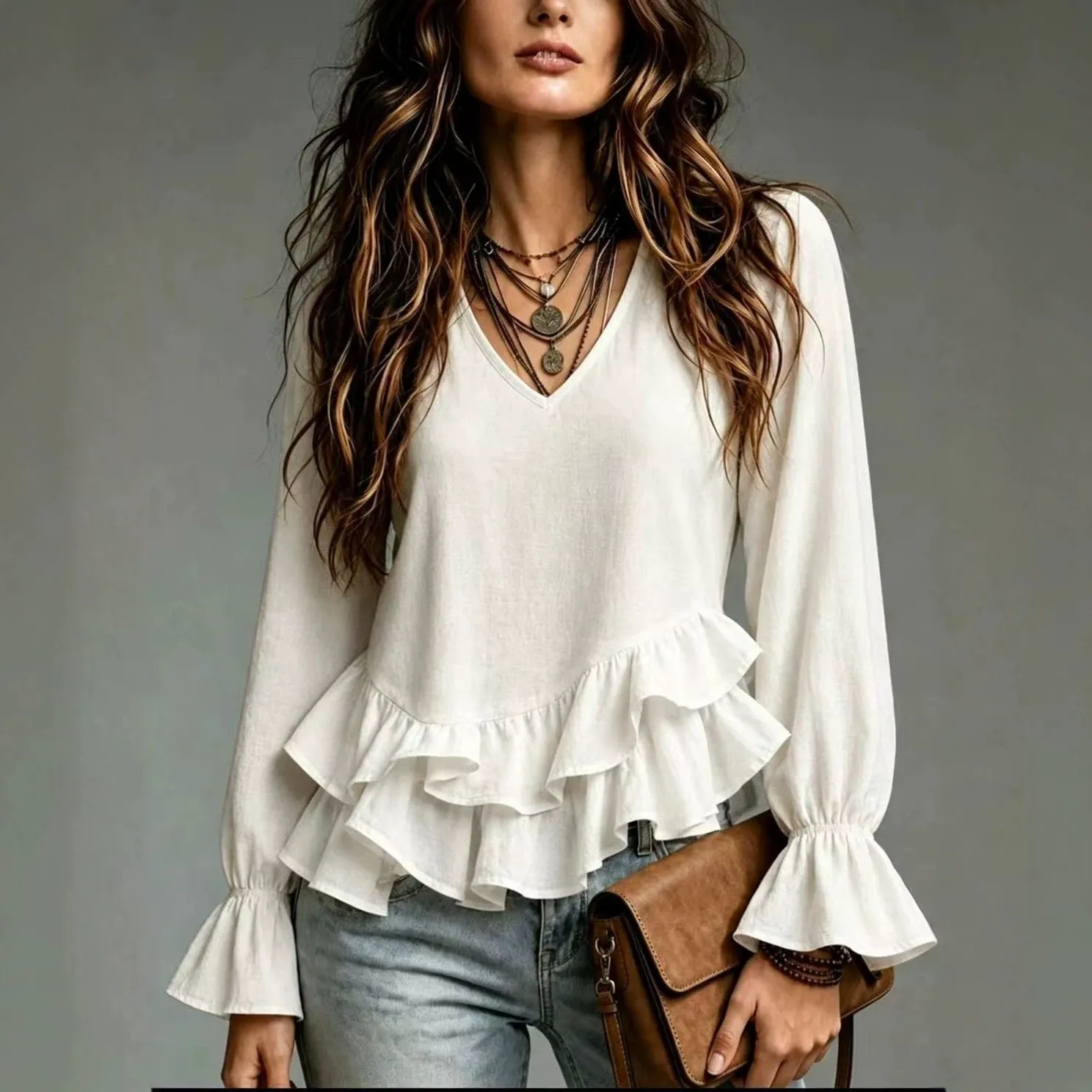 Pleated Ruffle Top Regular Length Sophisticated with V Neck T Shirts Regular Fit Sweet Fresh No Stretch Women Long Sleeve Shirt