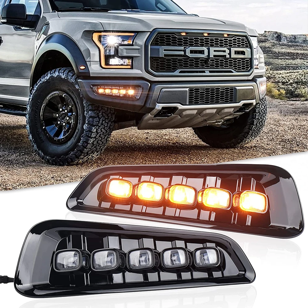 

FOR FORD F-150 RAPTOR 2017 2018 2019 LED Light Bar DRL Daylight Day Time Running Light Fog Lamp Cover w/Wiring Set (2pcs/set)