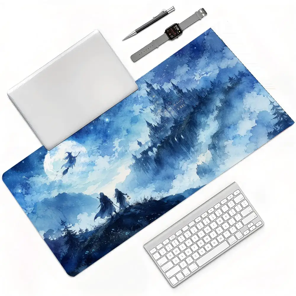 Dark Cloaked Figure Giant Blue Moon Gothic Castle Bats Gaming Mouse Pad, Stitched Anti-Slip Rubber Mat for Gamer Desk Decor