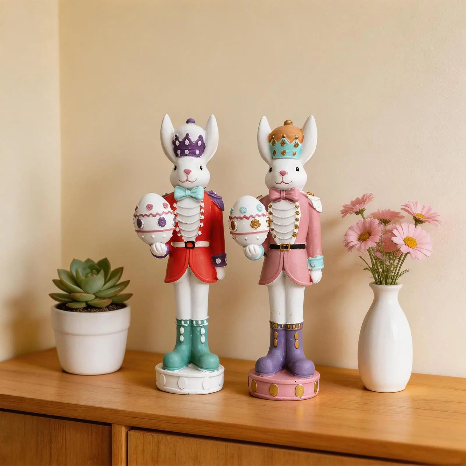 Easter Knight Rabbit Egg Shape Resin Desktop Ornament Traditional Nut Cracker Soldier Rabbit Figurine Tabletop Decor Centerpiece