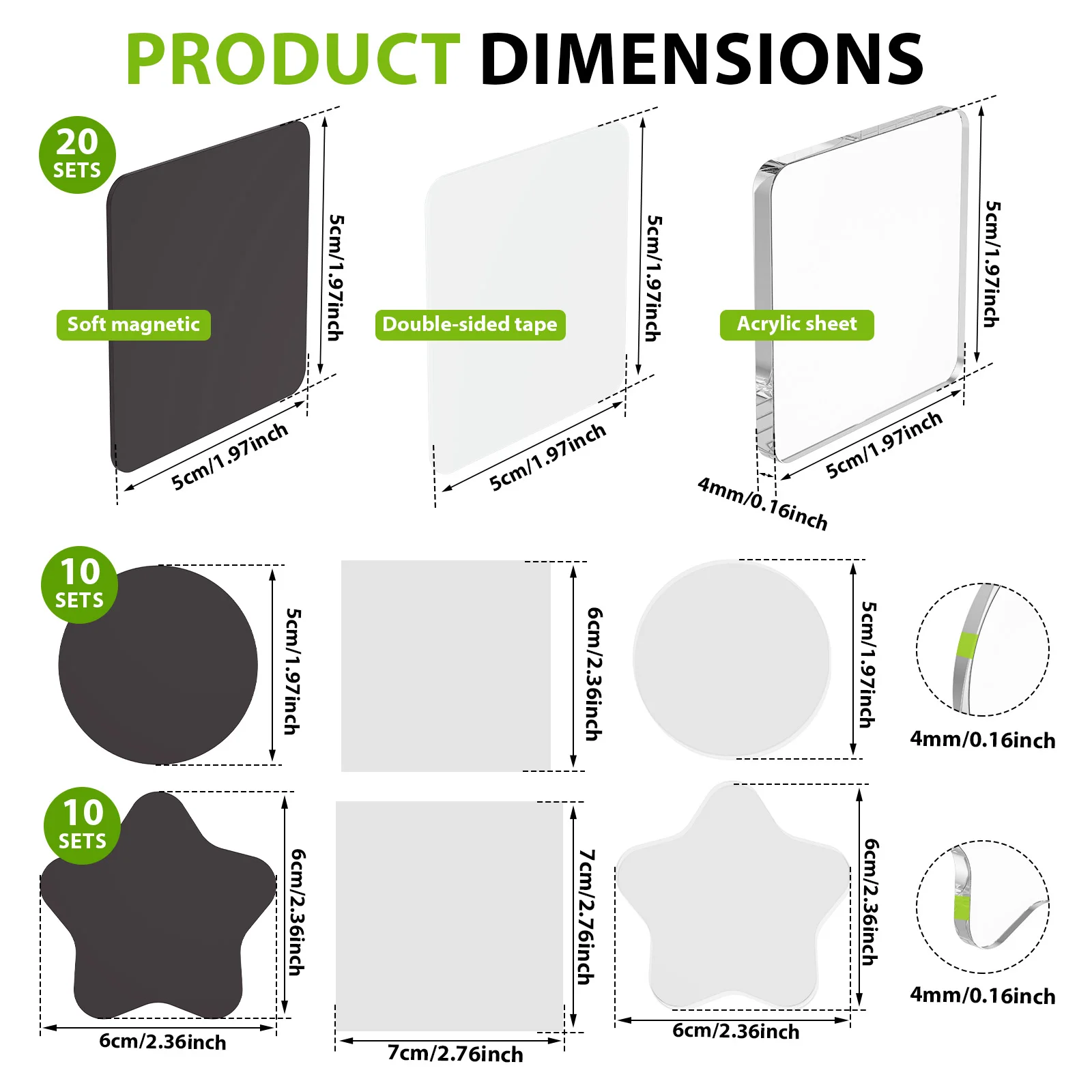 20/40 Pack Clear Acrylic Fridge Magnets Set Square/Star/Round Magnetic Picture Frames DIY Fridge Magnet Craft Kit for Home Decor