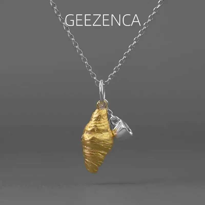 

GEEZENCA 925 Silver Two Tone 3D Croissant Cup Pendant For Women Cute Unique Design Necklace Pendants Without Chain 2024 New Gift