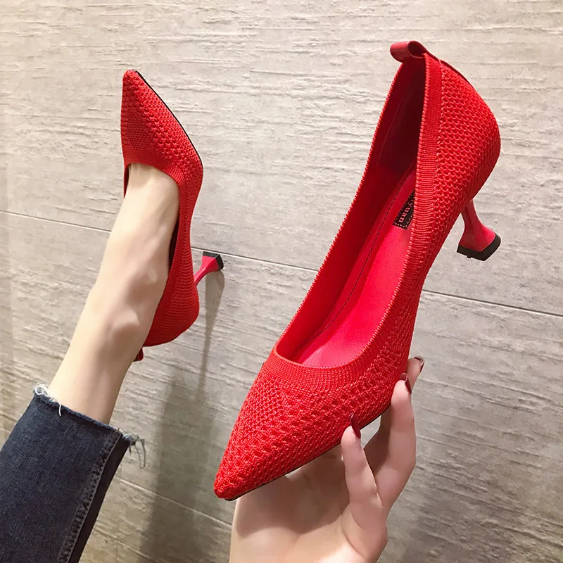 

Women's High Heel Shoes Spring and Autumn Sexy Pointed Knitted Single Shoes Wedding Party Work Brand Women's Fashion Shoes 2023