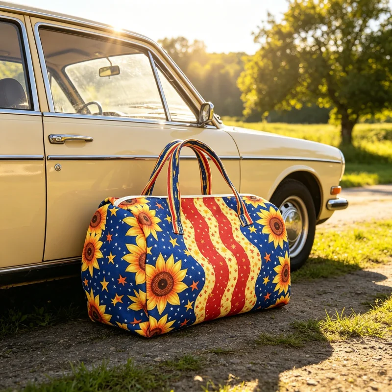 

2Pcs Patriotic Sunflower Carry On Bag, American Flag Print Travel Duffel with Makeup Pouch, for Business Trip Weekend Shopping