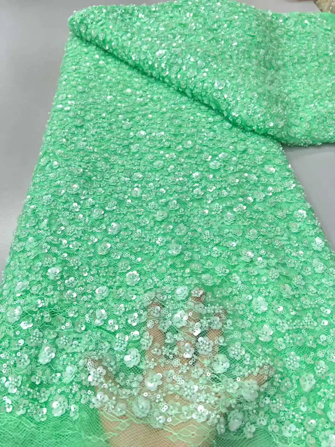

Wholesale Luxury African Lace Fabric Green Beaded French Mesh New African Fabrics Sequins Tulle Lace Fabrics for Sewing Dress