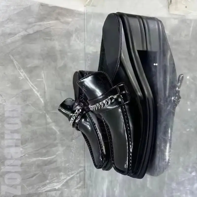 

Metal Chain Black Sewing Design Square Toe Men Slippers Fashion Slip On Men Shoes Luxury Handmade Party Office Men Casual Shoes