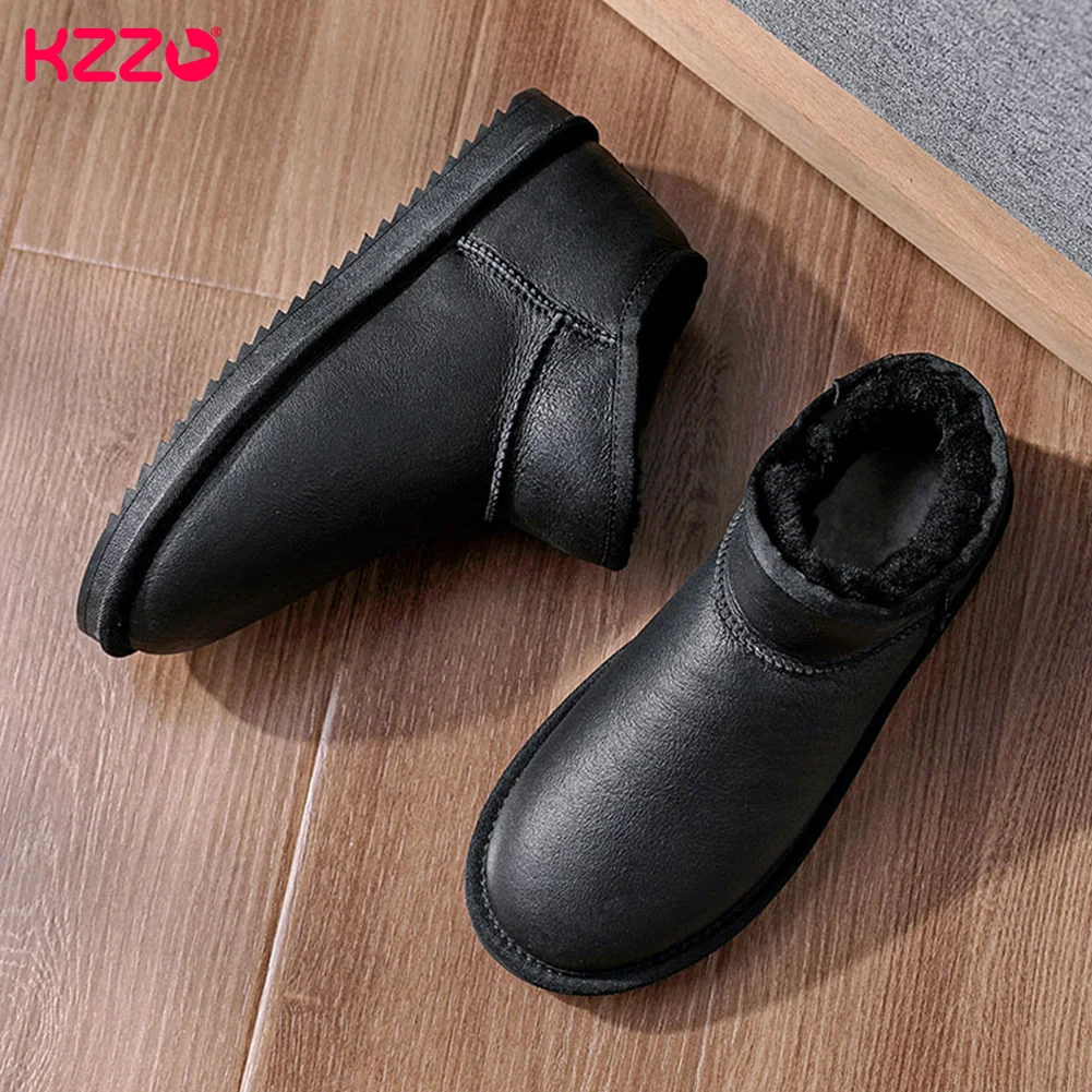 KZZO Size 35-48 Men's Waterproof Sheepskin Leather Winter Ankle Snow Boots Sheep Wool Fur Lined Warm Short Slip-On Shallow Shoes