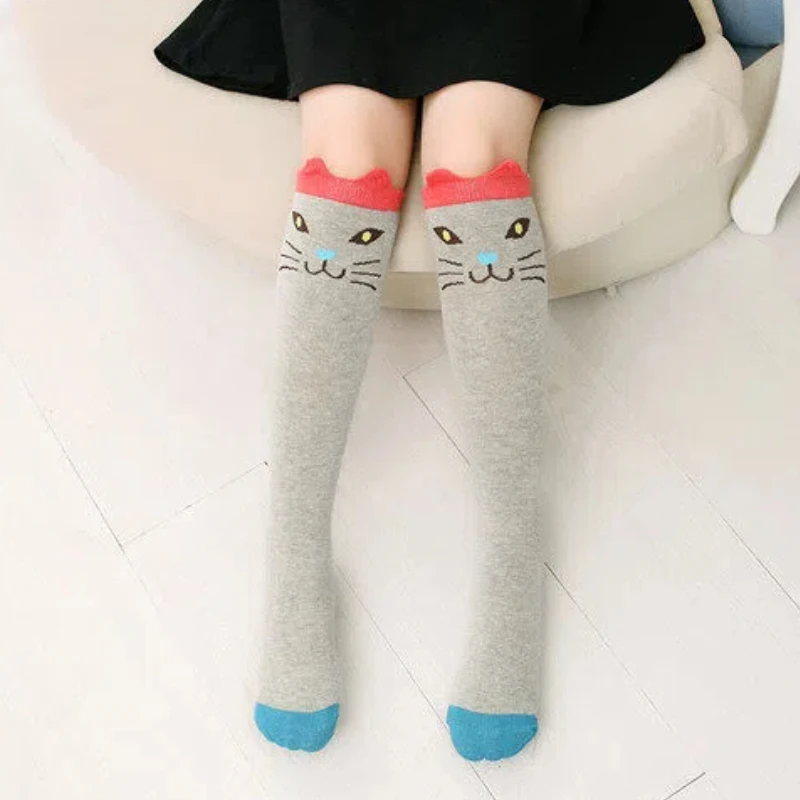 Sweet Kids Girls Over Knee High Socks Cartoon Cat Bear Striped Pattern Soft Cotton Warm Kawaii Princess Stockings For Daily Wear