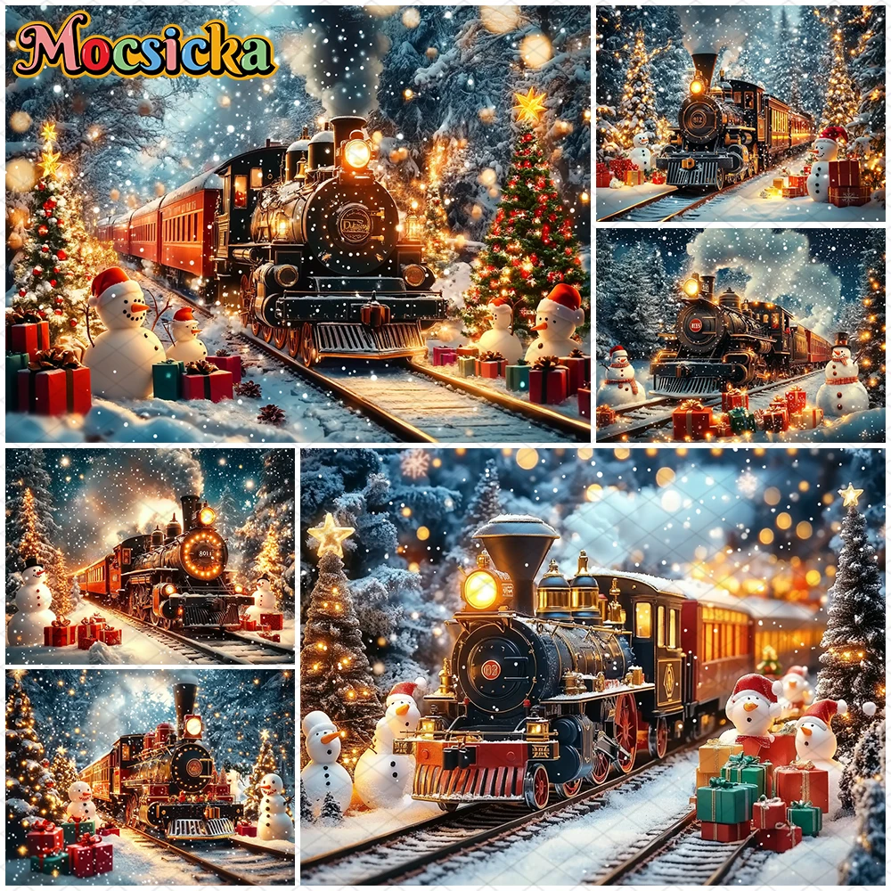 

Mocsicka Christmas Train Backgrounds Photography Winter Snowman Xmas Tree Decorations Child Adult Photo Backdrop Festival Banner