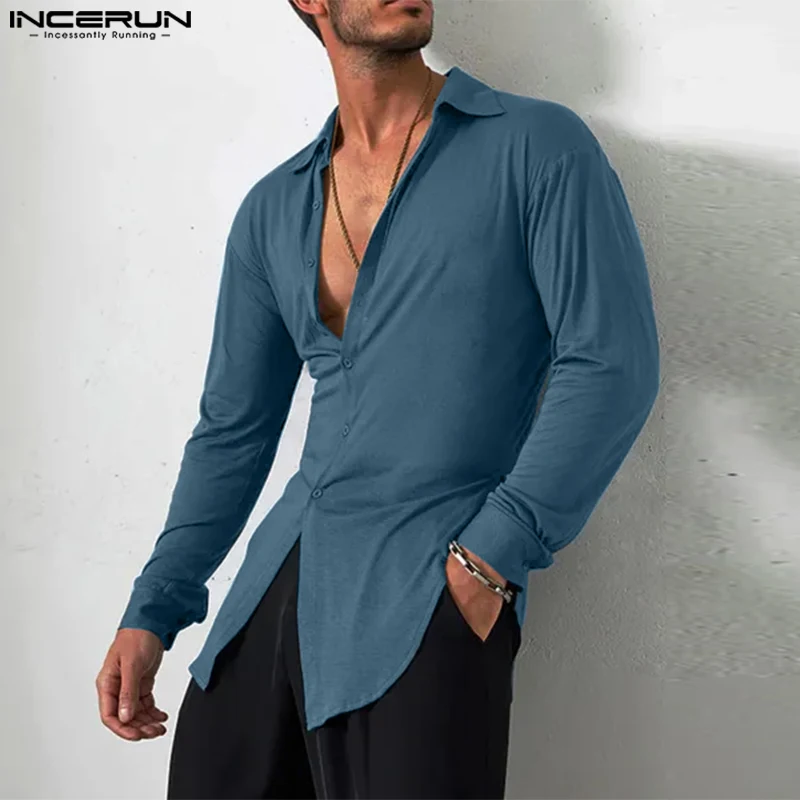 Men Irregular Shirts Solid Color Lapel Long Sleeve Streetwear Leisure Men Clothing Autumn Fashion Casual Camisas S-5XL INCERUN