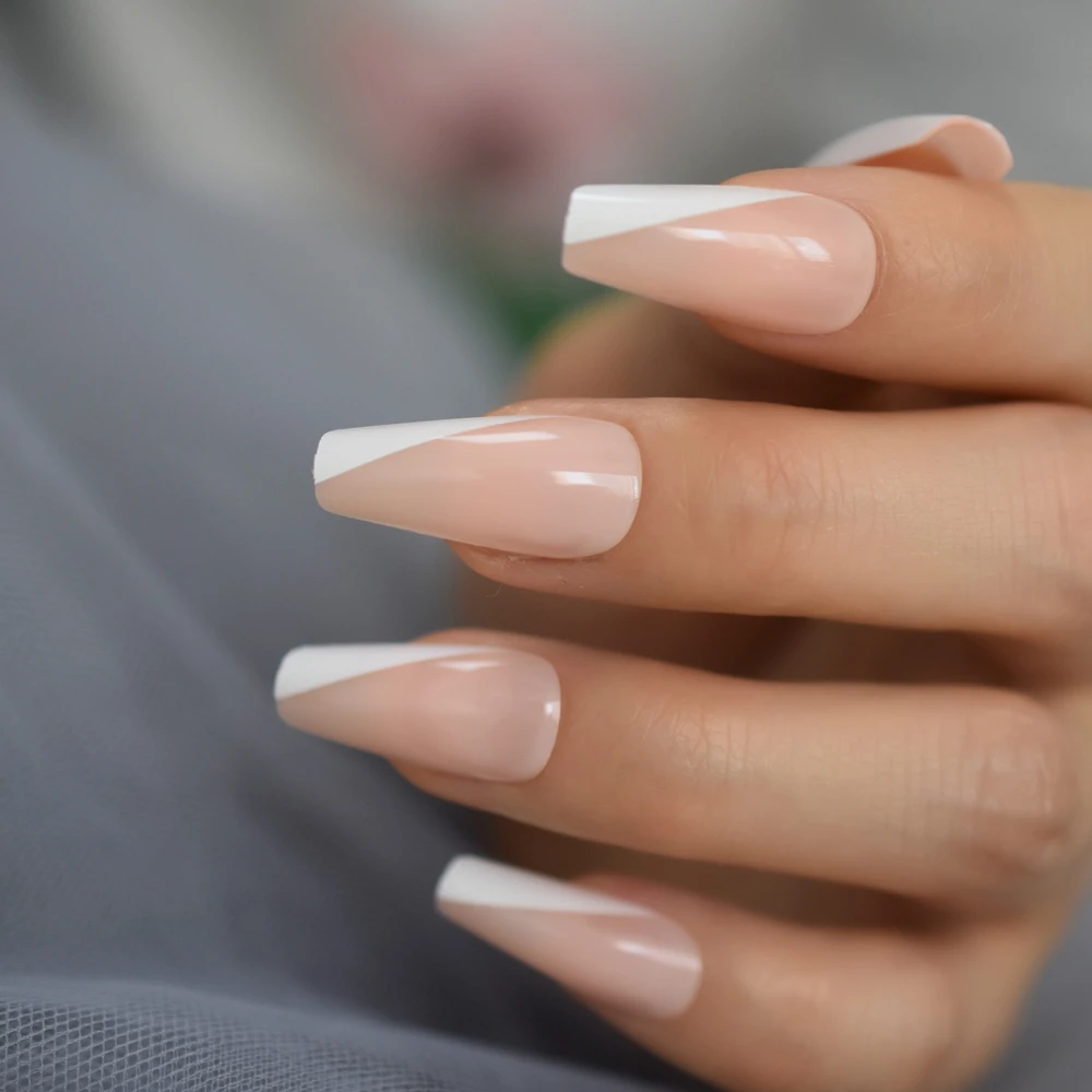 Błyszczące Super długie Nude Pink White French Smile Line Tips Shiny Ballerina Fake Art Nails Coffin Salon Fałszywe paznokcie