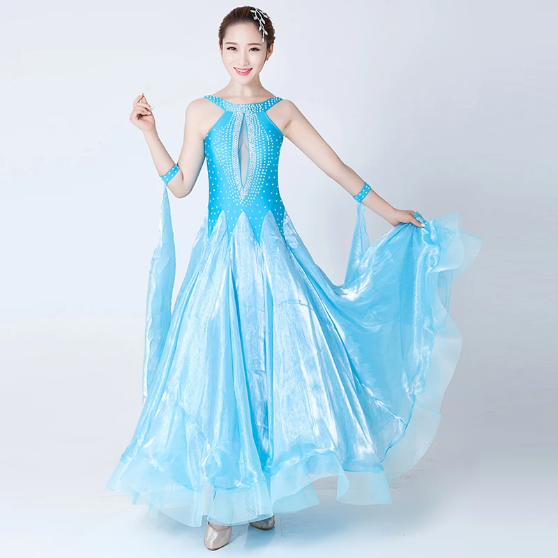 

Lake Blue Long Dress Sleeveless Waltz Dance Dress Stadium Modern Dance Dresses Ribbon White Flamenco Skirts Red Rhinestone Rose