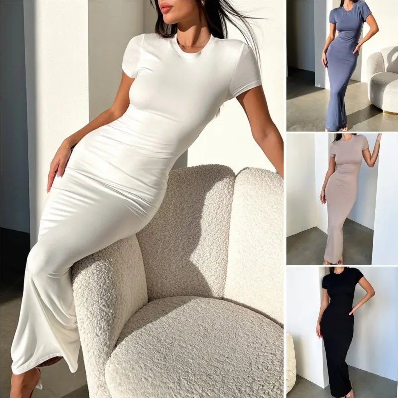 

2025 Women's New Fashionable Casual Solid Color Round Neck Slim Sexy Short-sleeved Dress For Women's Tight Robe Street Style