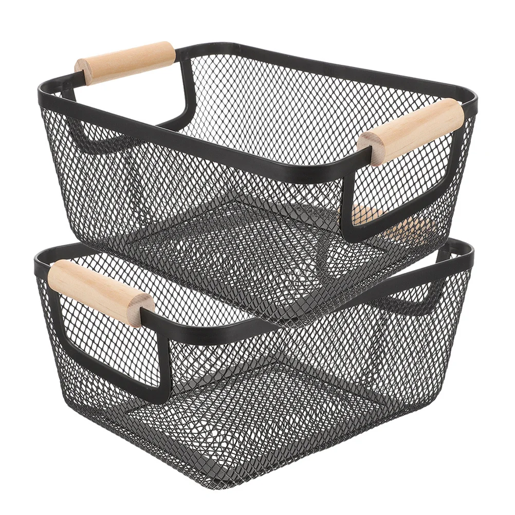 

2Pcs Wood Handled Metal Mesh Basket Large Wire Storage Bin for Kitchen Organizing Bathroom Toiletries Closet Entryway Farmhouse