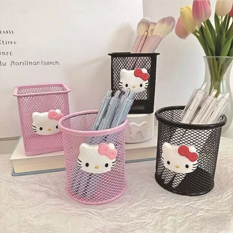 Sanrio Hello Kitty Metal Mesh Pen Holder Cute Iron Makeup Brush Storage Basket Desk Organizer For School Office.