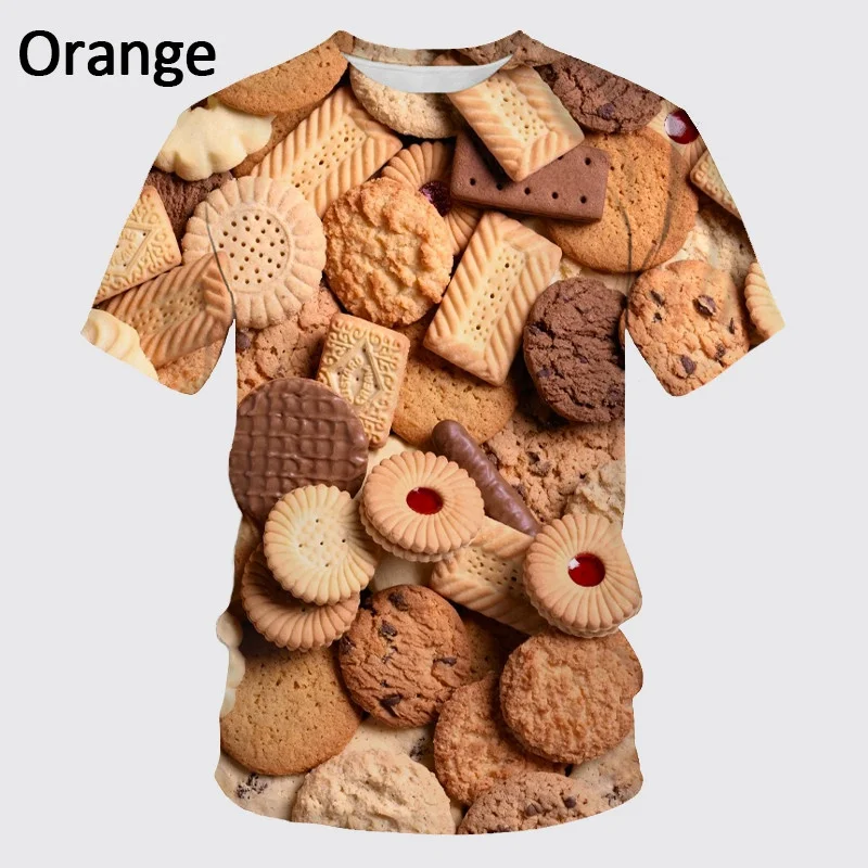 Funny Food T-shirt 3D Printing Men's Cookie Round Neck Short Sleeve Macaron Waffle Casual Cool Tops