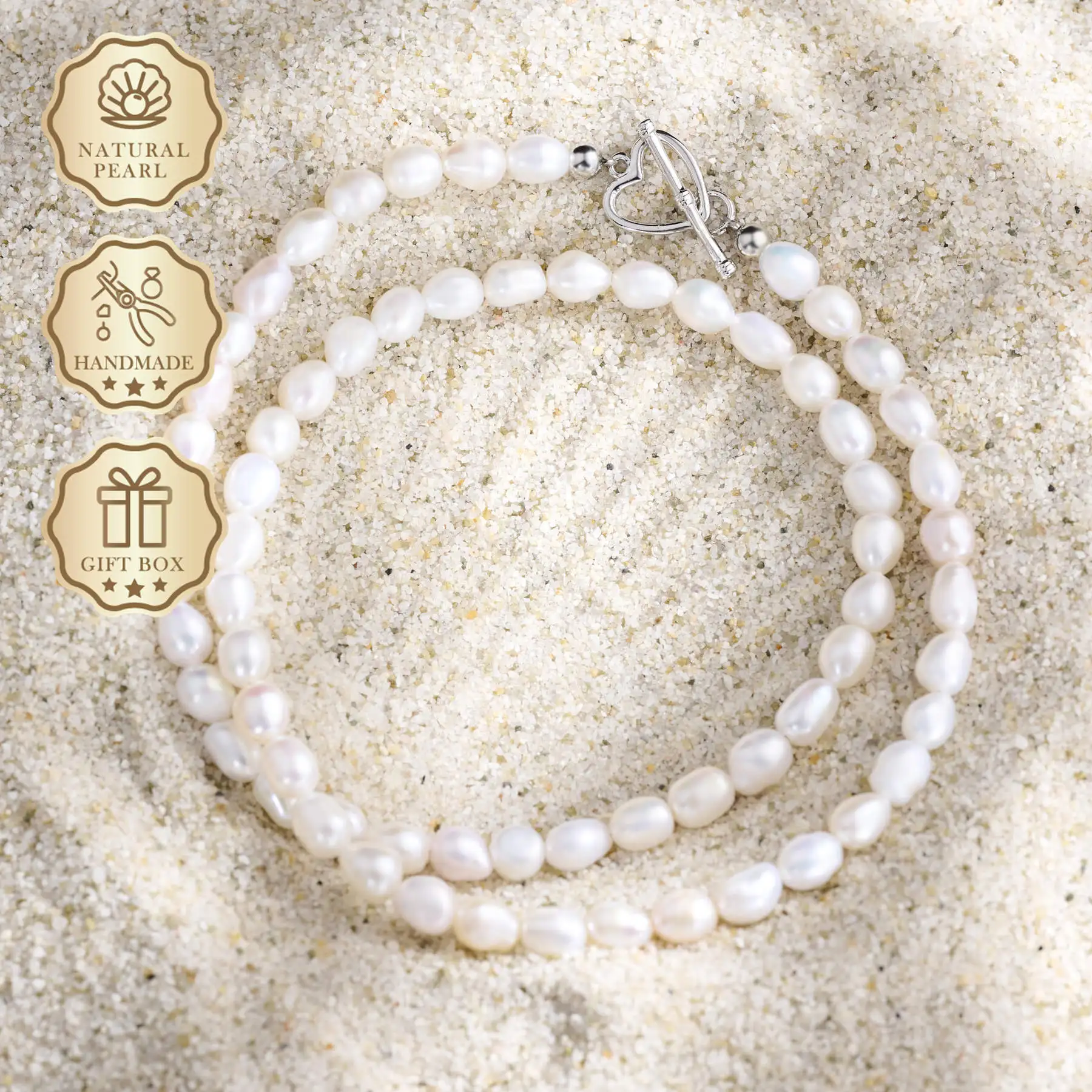 

MYSOYA White Rice Freshwater Pearl Necklace 5–6mm with Silver Heart Clasp, Gift Box, Ideal Birthday & Anniversary Gift