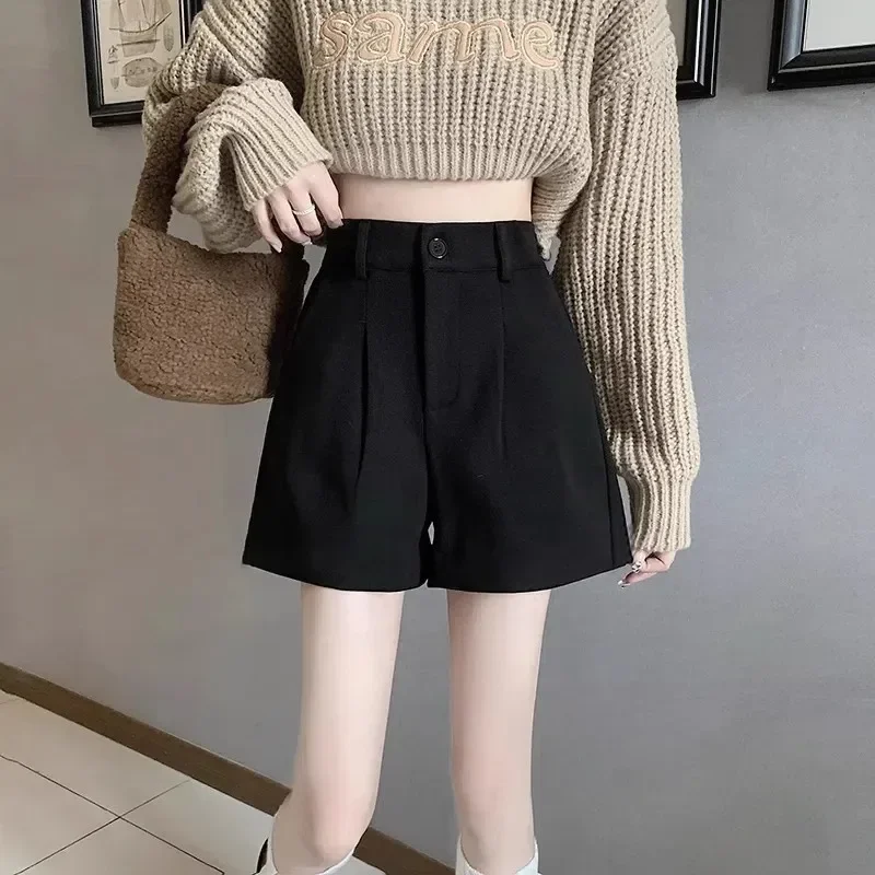 Black Autumn/winter Women's High-waisted Straight-leg Woolen Shorts Plus Bean Boots Casual Fashion Wide Leg Pants