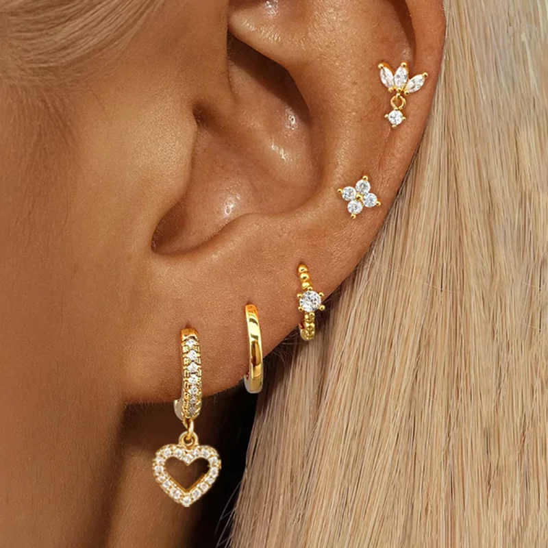 5PCS Stainless Steel Geometry Huggie Hoop Earrings Set Daily Wear Gold Color Zircon Ear Piercing Earring Wedding Jewelry Aretes