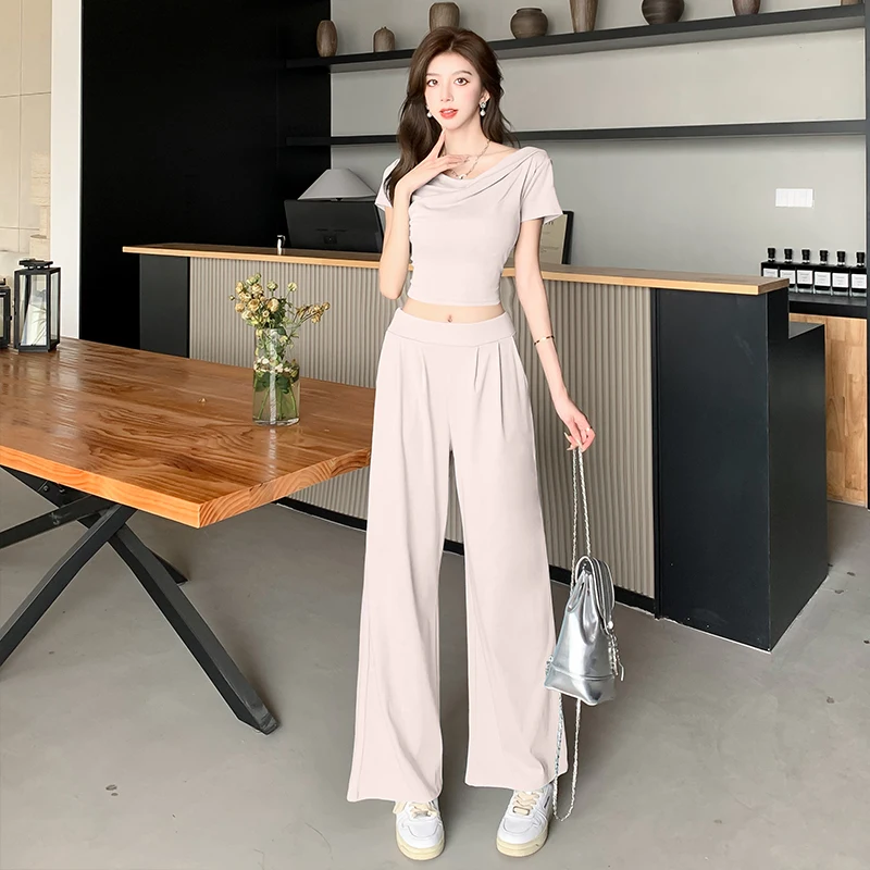 New Summer 2024 Solid Women Two Piece Set Irregular Off Shoulder Top Long Wide Leg Pants Casual Fashion Ladies Sets Clothing