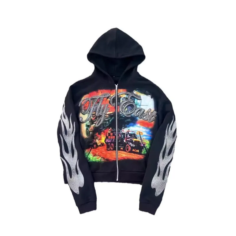 هوديي الرجال الأمريكية الشارع الشهير فضفاضة تناسب البلوز الرجعية الجرافيك تصميم عارضة الخريف الشتاء الاتجاه أزياء خمر نمط بارد #3